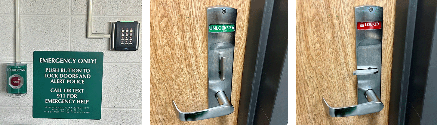 Green sign on wall with white text: Emergency only! Push button to lock doors and alert police; call or text 911 for emergency help.; Wooden door with handle and thumb lock showing unlocked in white text on a green background.; Wooden door with handle and thumb lock showing locked in white text on a red background.